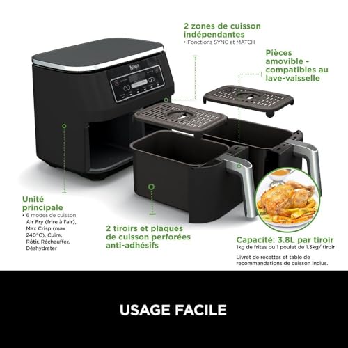 BLASTIVO™ | Air Fryer Dual Zone 7.6L 2400W — 2 Zones Indépendantes, Noir