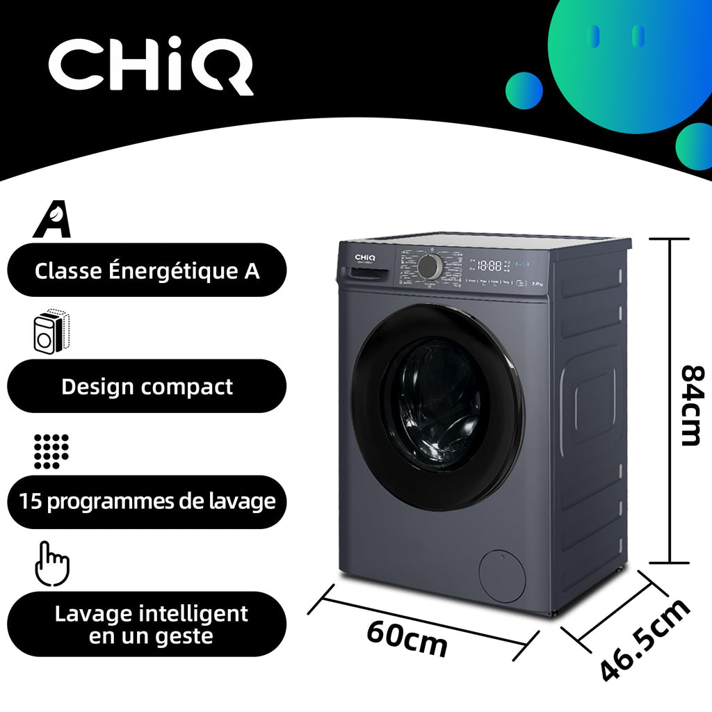 BLASTIVO™ | Lave-Linge Hublot 7kg — Classe A, Vapeur, Moteur BLDC, Gris