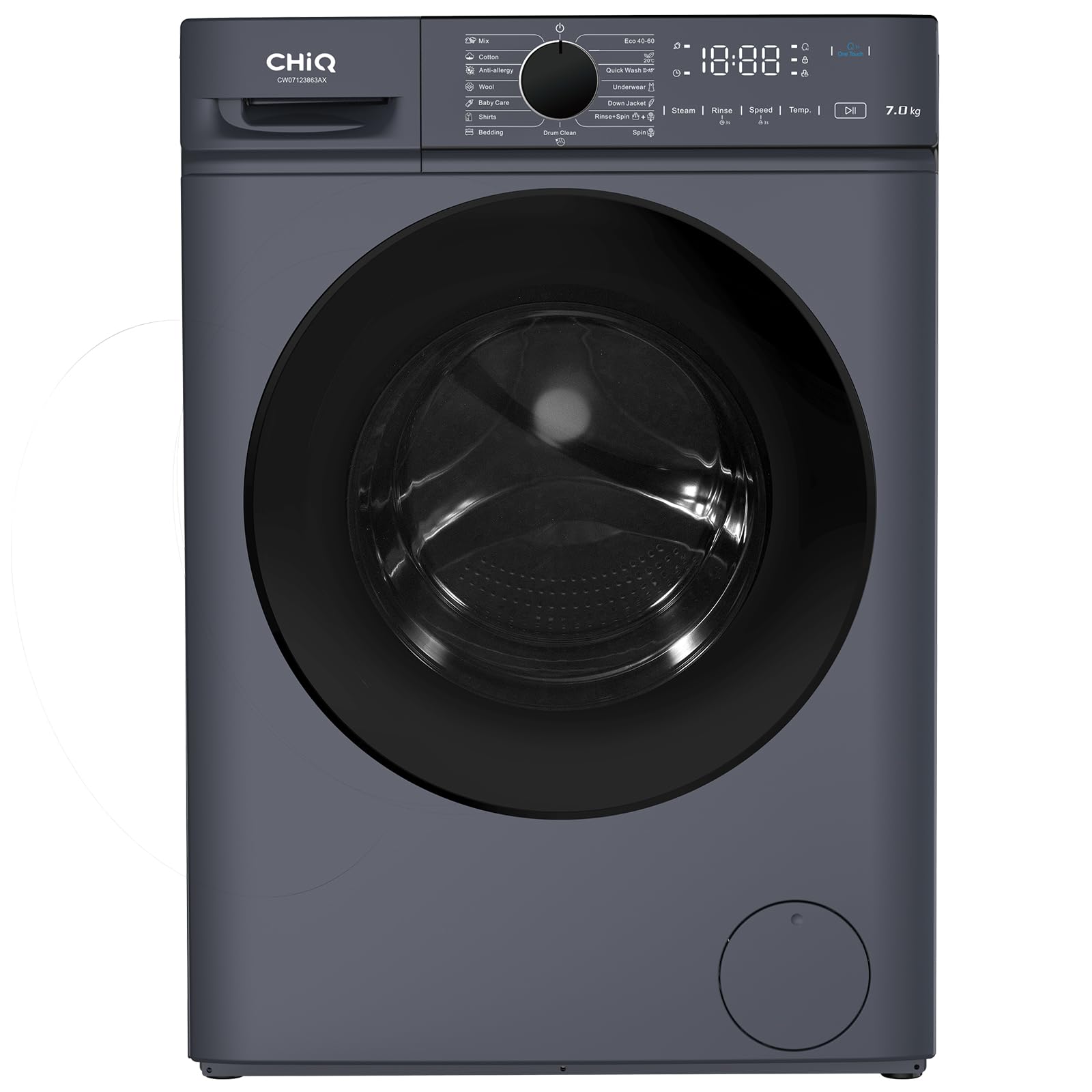 BLASTIVO™ | Lave-Linge Hublot 7kg — Classe A, Vapeur, Moteur BLDC, Gris