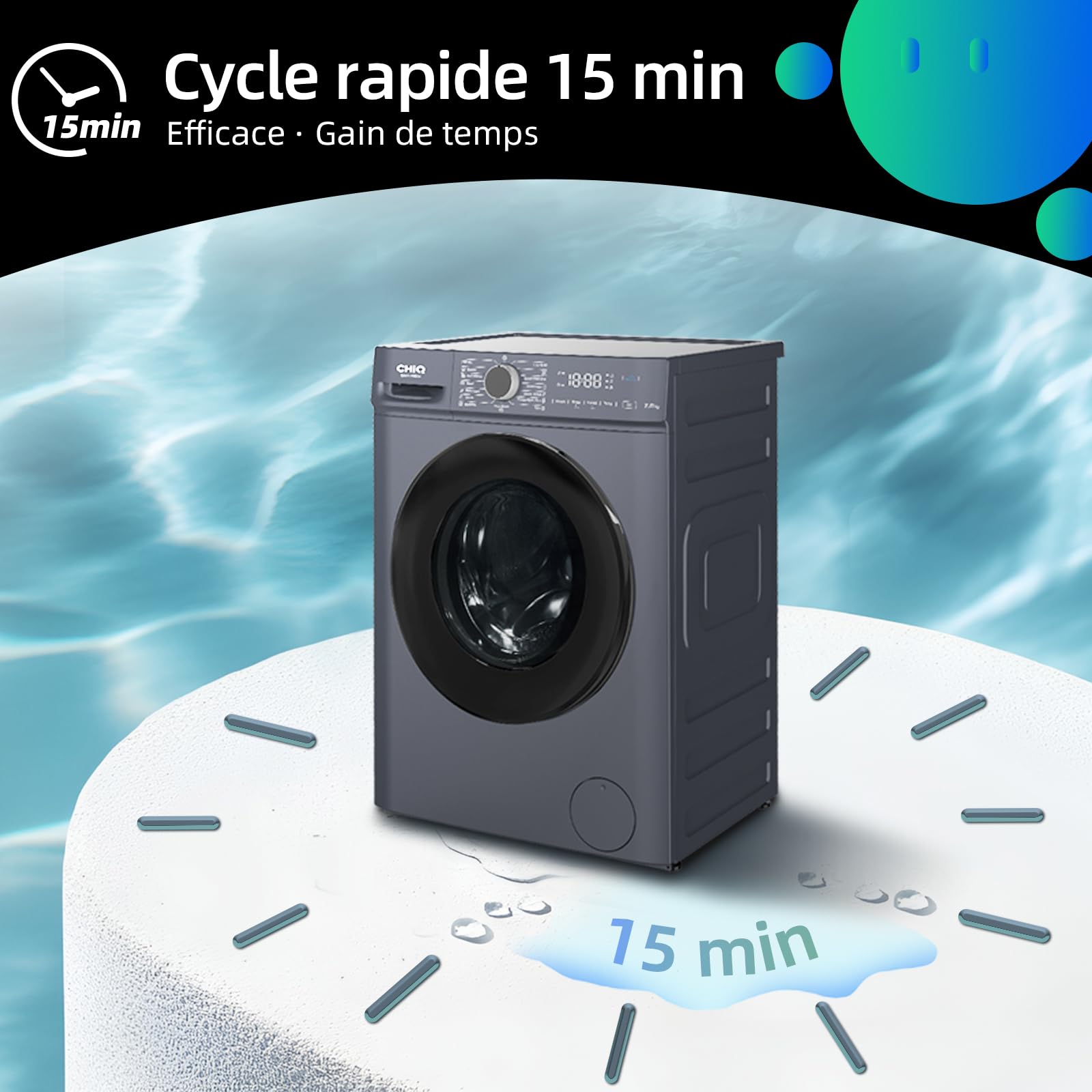 BLASTIVO™ | Lave-Linge Hublot 7kg — Classe A, Vapeur, Moteur BLDC, Gris
