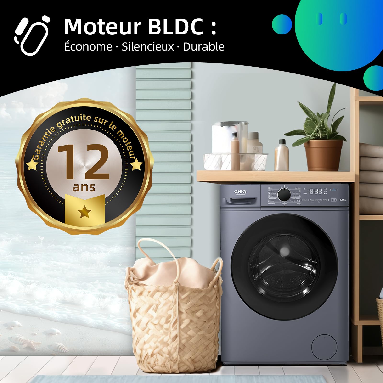 BLASTIVO™ | Lave-Linge Hublot 7kg — Classe A, Vapeur, Moteur BLDC, Gris