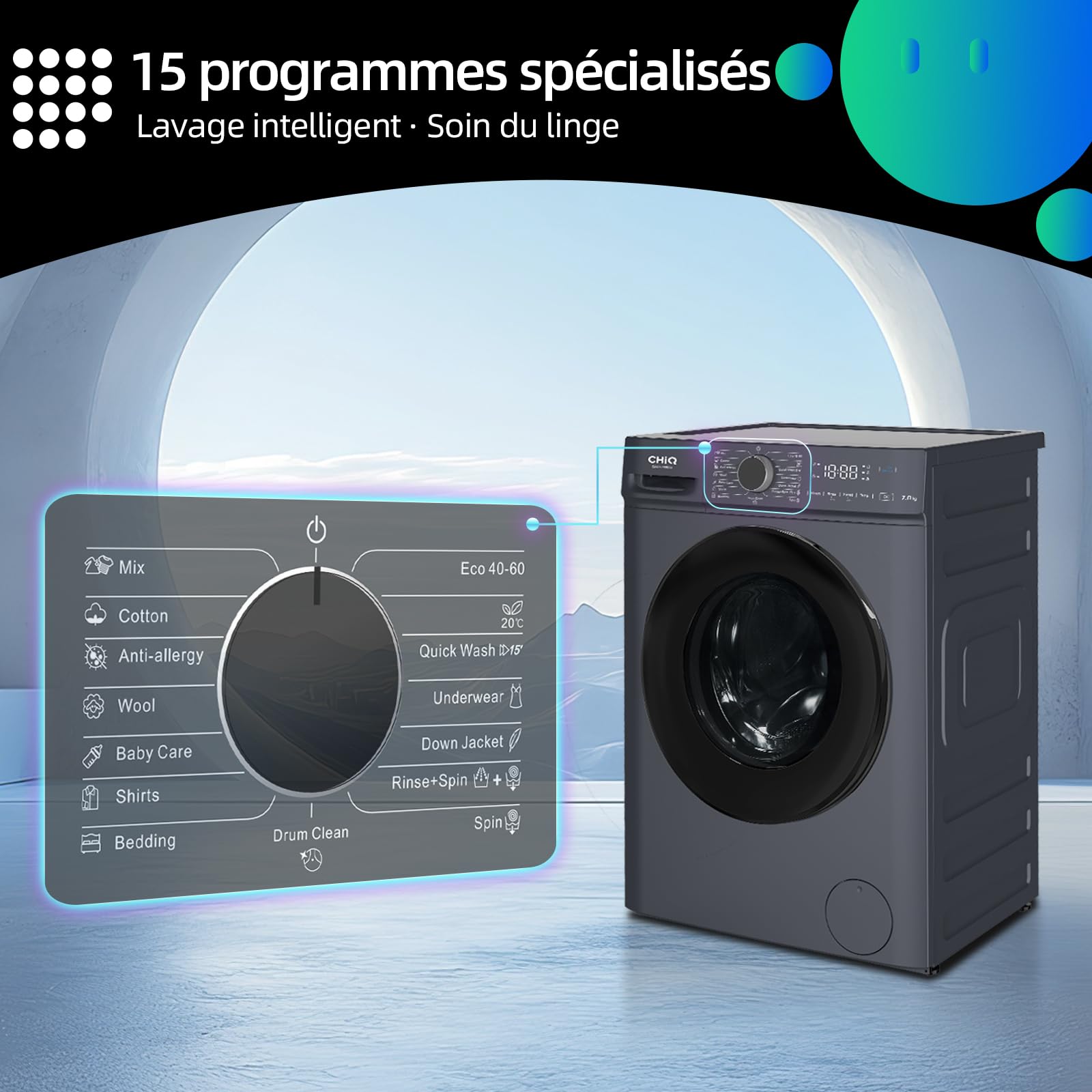 BLASTIVO™ | Lave-Linge Hublot 7kg — Classe A, Vapeur, Moteur BLDC, Gris