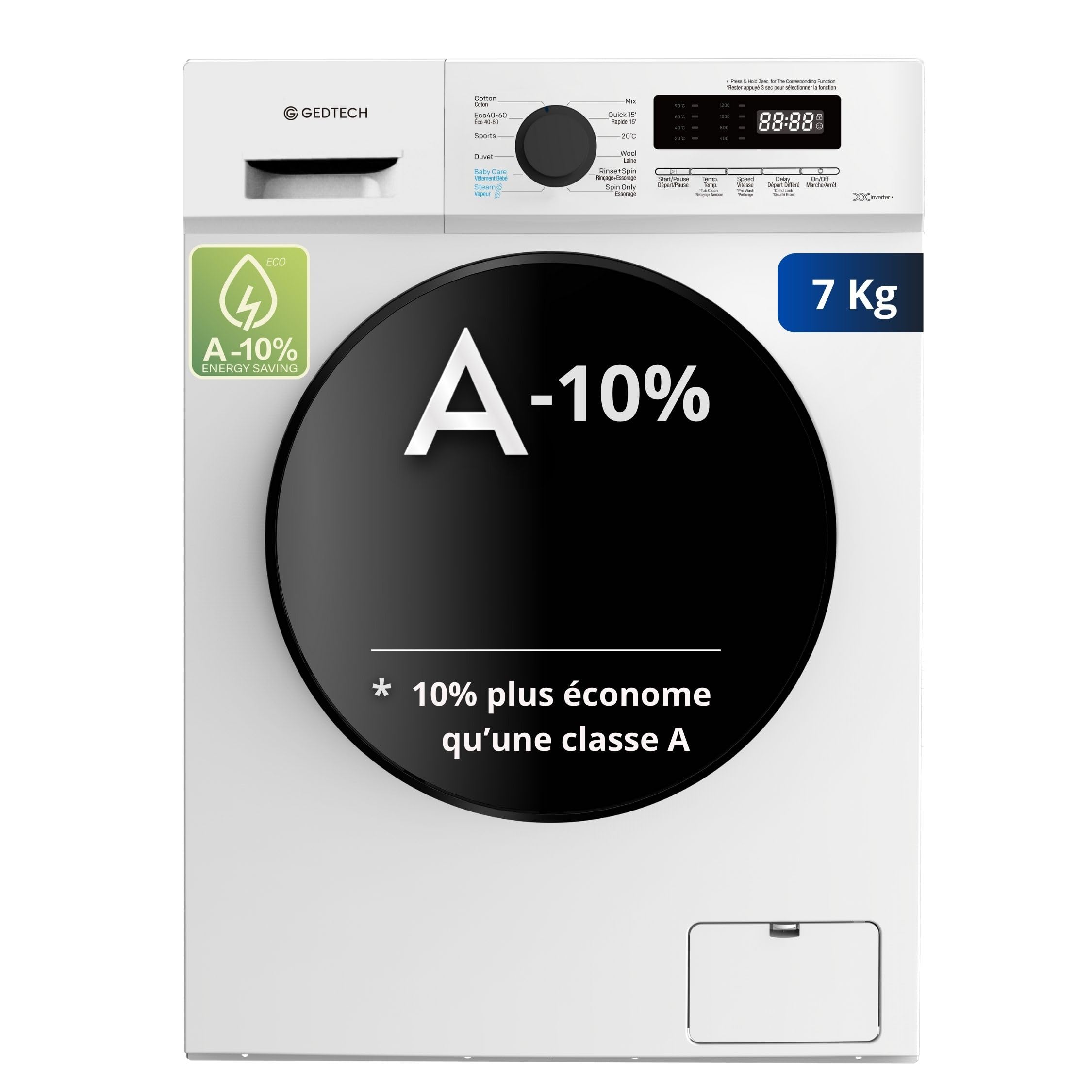 BLASTIVO™ | Lave-Linge Frontal 7kg — 1200 tr/mn, 16 Programmes, Blanc
